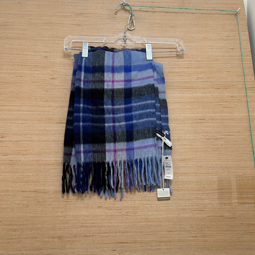 Talbots 100% Cashmere Plaid Scarf Blue Purple Fringe New NWT 52406393